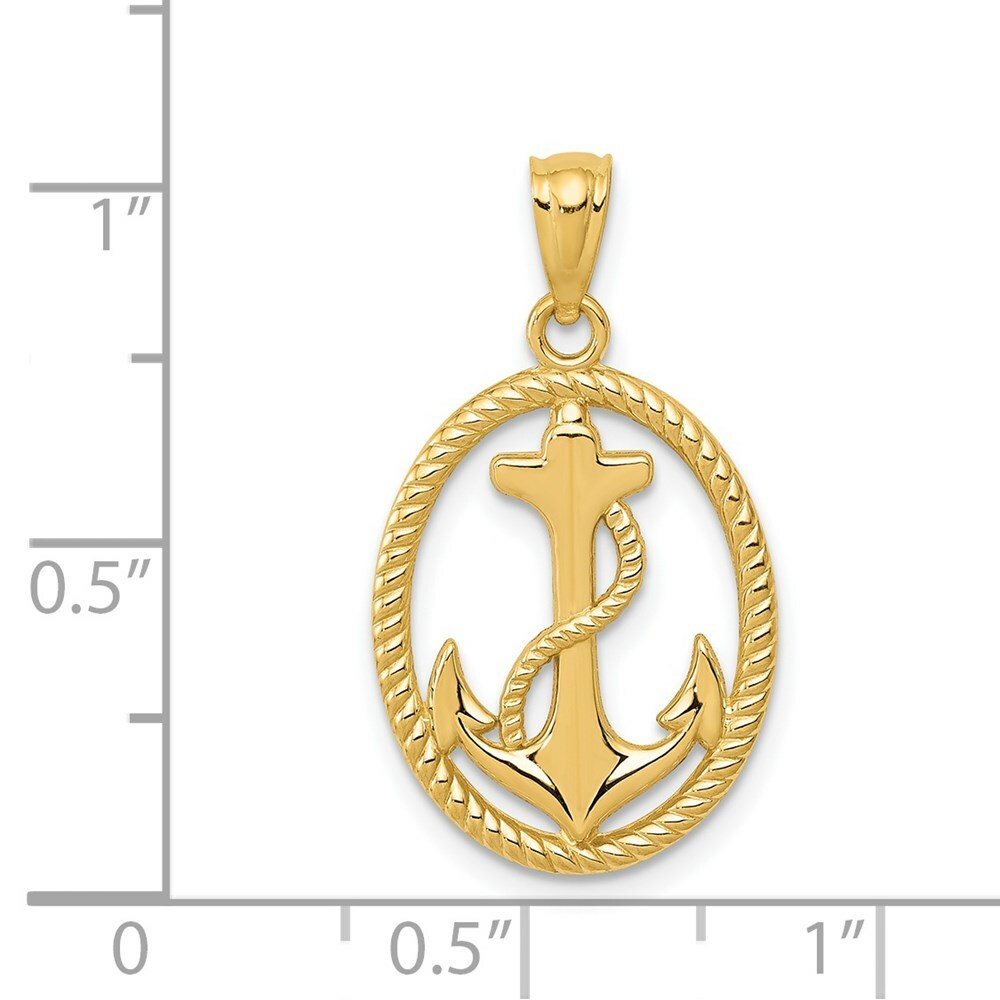 14K Yellow Gold Polished Anchor w/Rope Oval Pendant