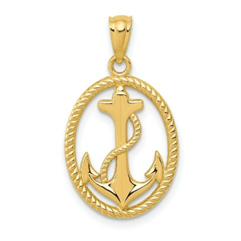14K Yellow Gold Polished Anchor w/Rope Oval Pendant
