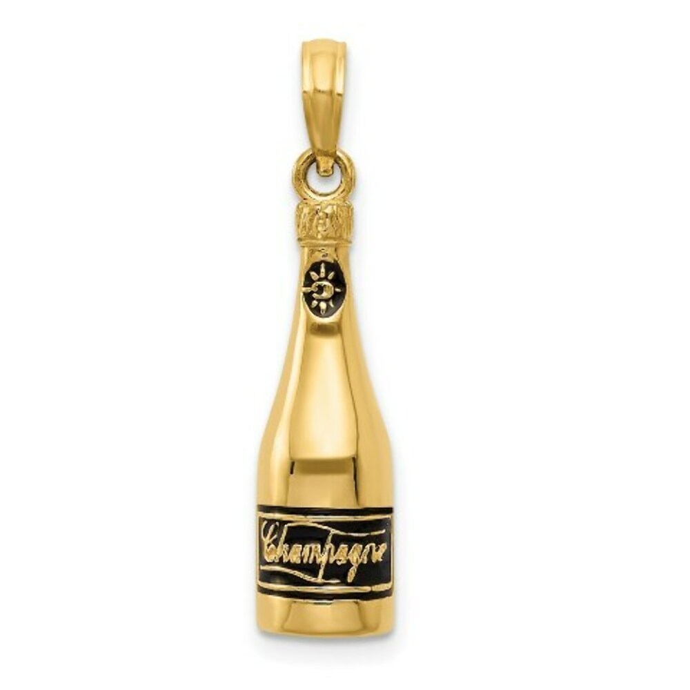 14K Yellow Gold Polished 3-D Enameled Champagne Bottle Pendant
