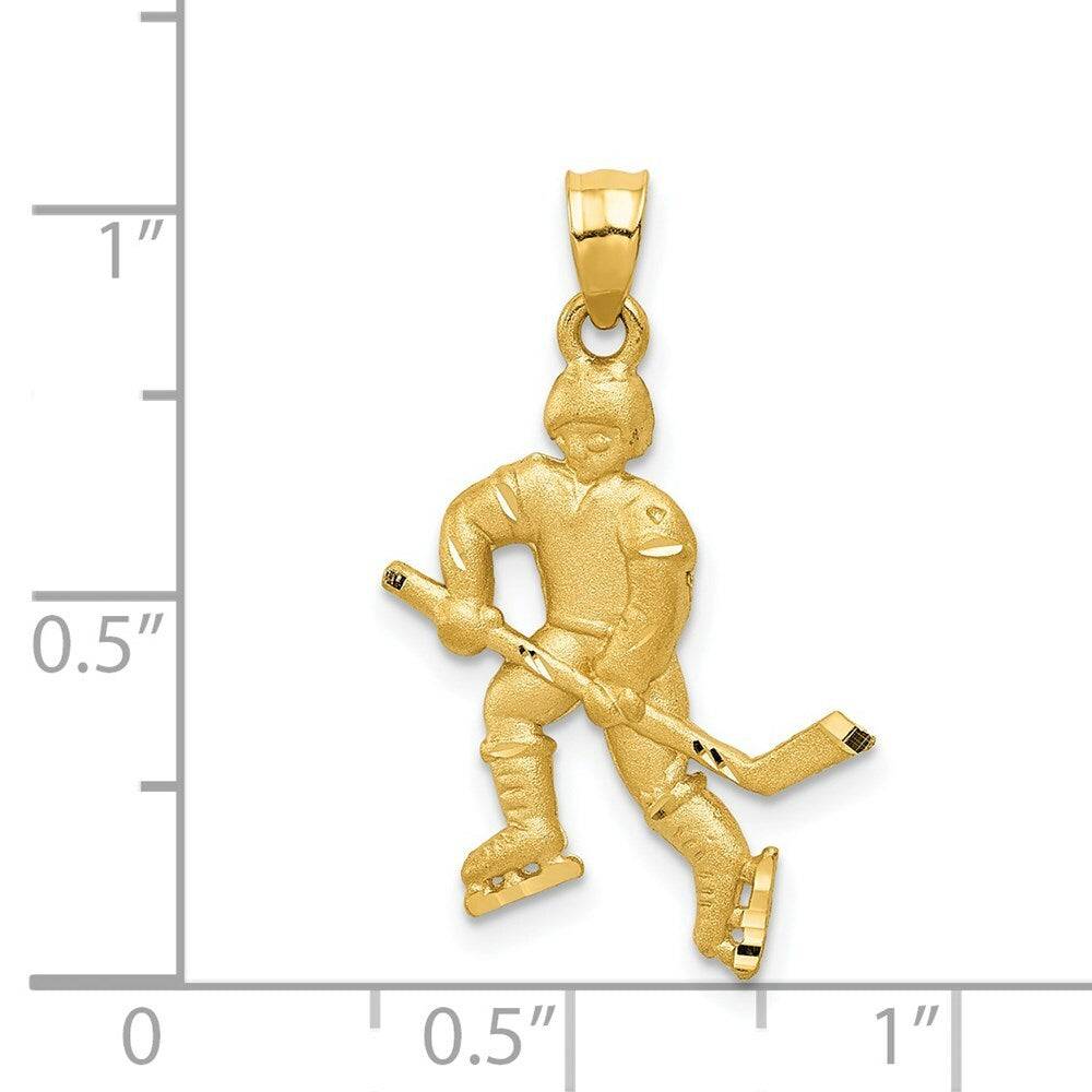 14K Yellow Gold Satin & Diamond-cut Hockey Player Pendant