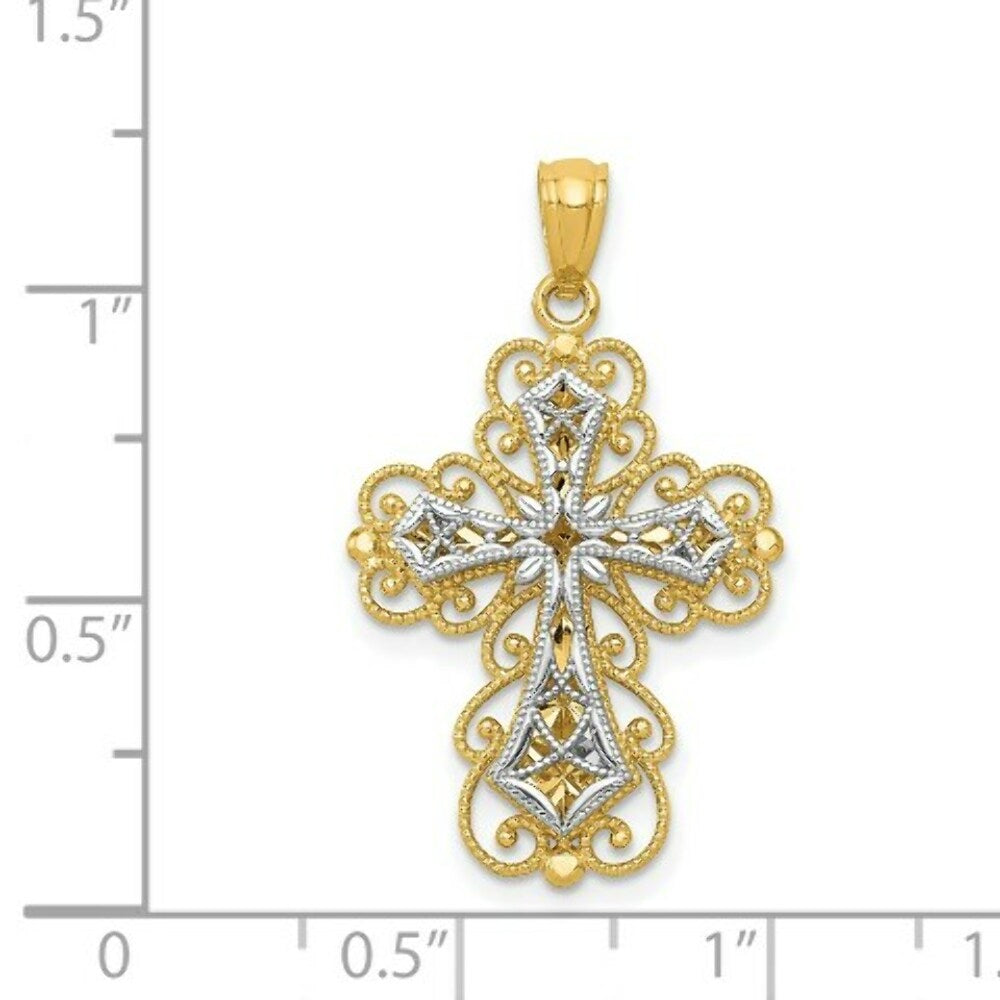 14K Yellow Gold Y/W Gold Polished 2 Level Filigree Cross Pendant