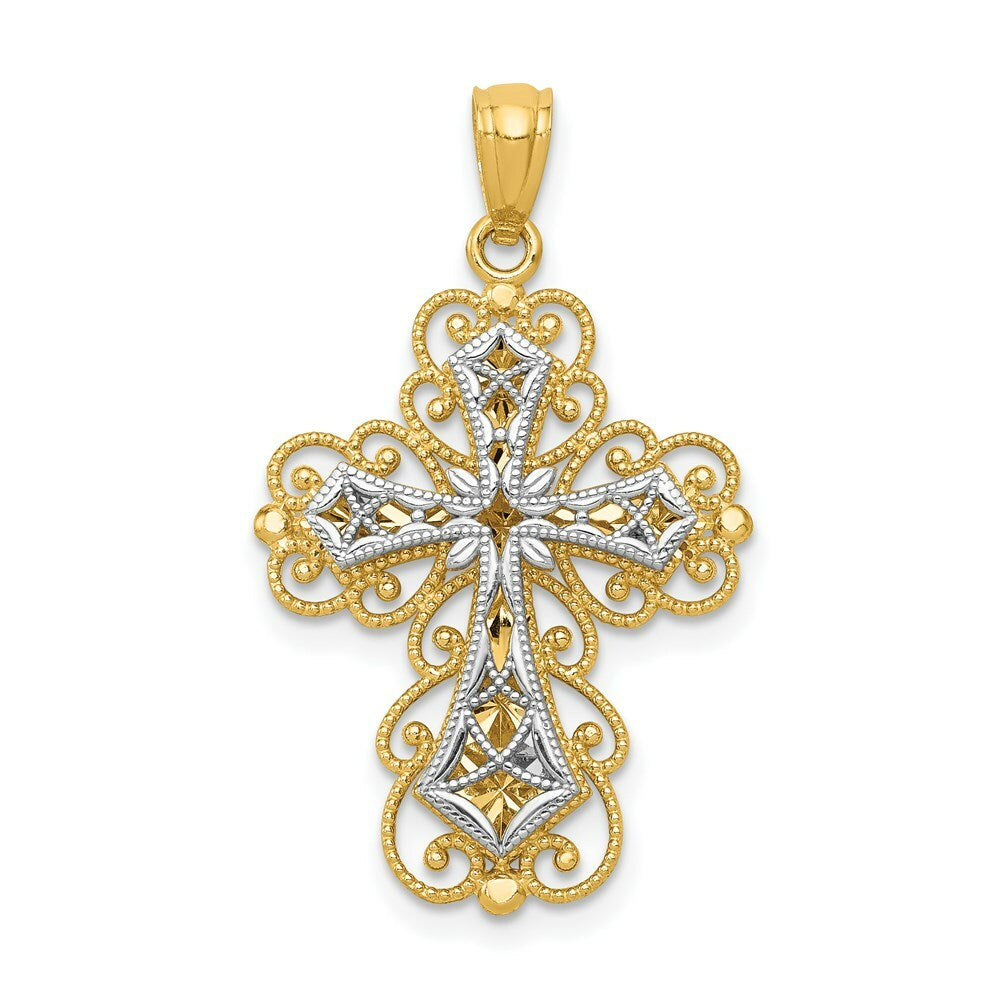 14K Yellow Gold Y/W Gold Polished 2 Level Filigree Cross Pendant