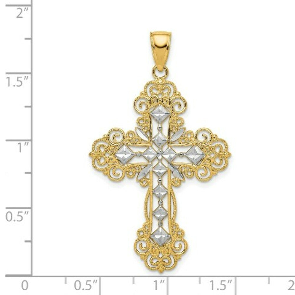 14K Yellow Gold Polished & Textured Diamond Pattern Cross Pendant