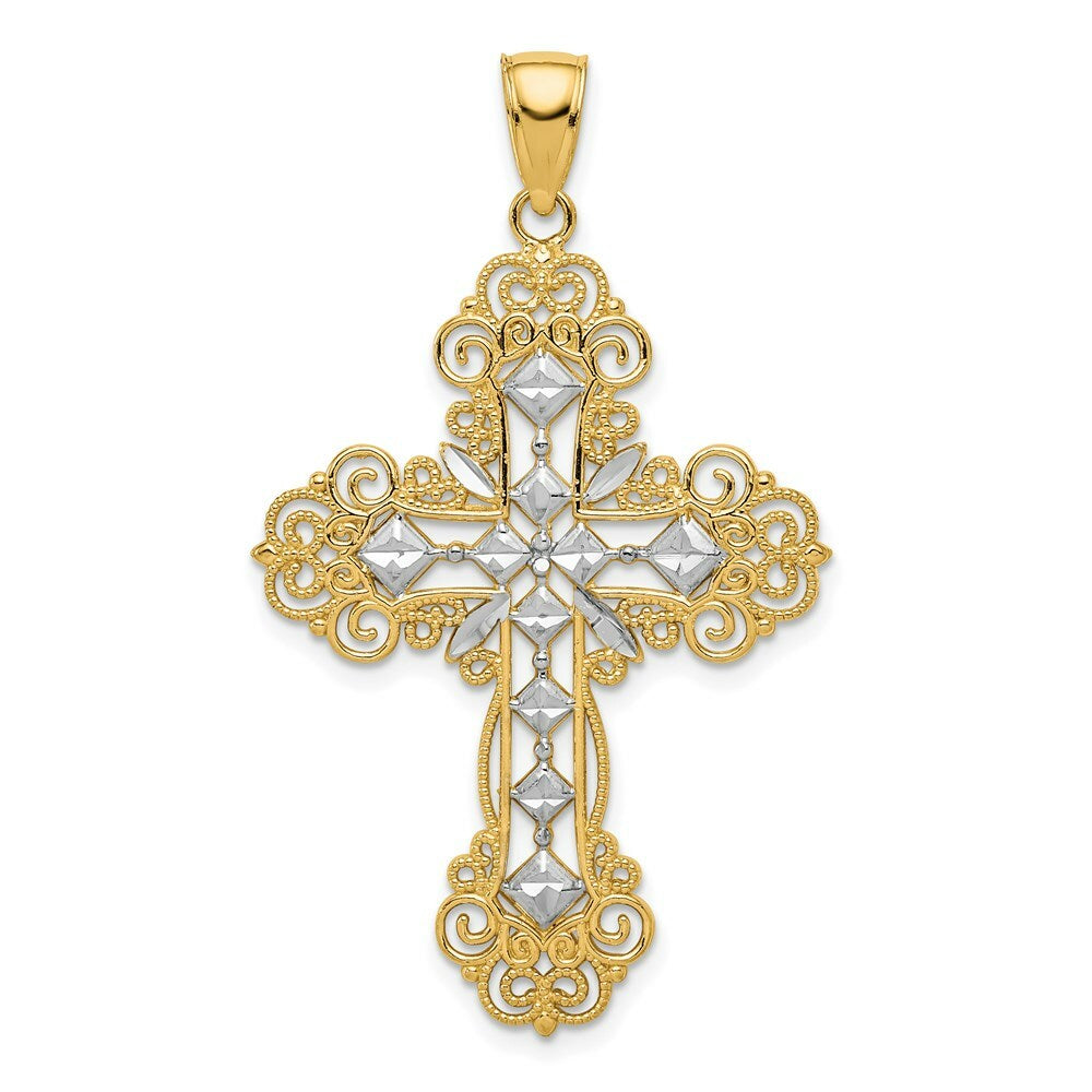 14K Yellow Gold Polished & Textured Diamond Pattern Cross Pendant