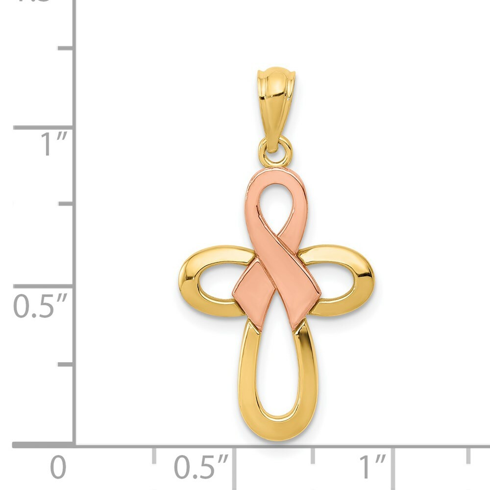 14K Yellow Gold Y/R Gold Polished Pink Ribbon Cross Pendant
