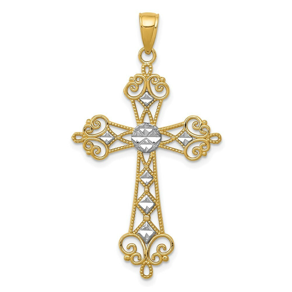 14K Yellow Gold & Rhodium Polished Diamond-cut Cut-out Cross Pendant