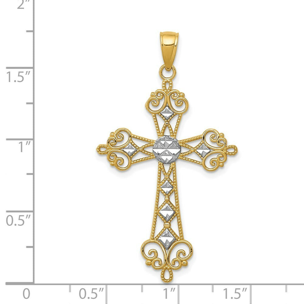 14K Yellow Gold & Rhodium Polished Diamond-cut Cut-out Cross Pendant