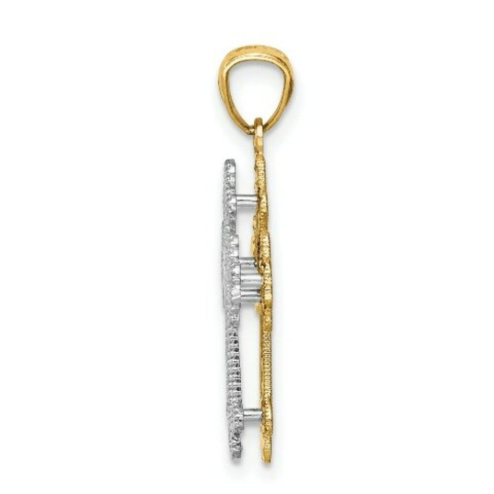 14K Two-tone Gold Polished Filigree 2 Level Heart Cross Pendant