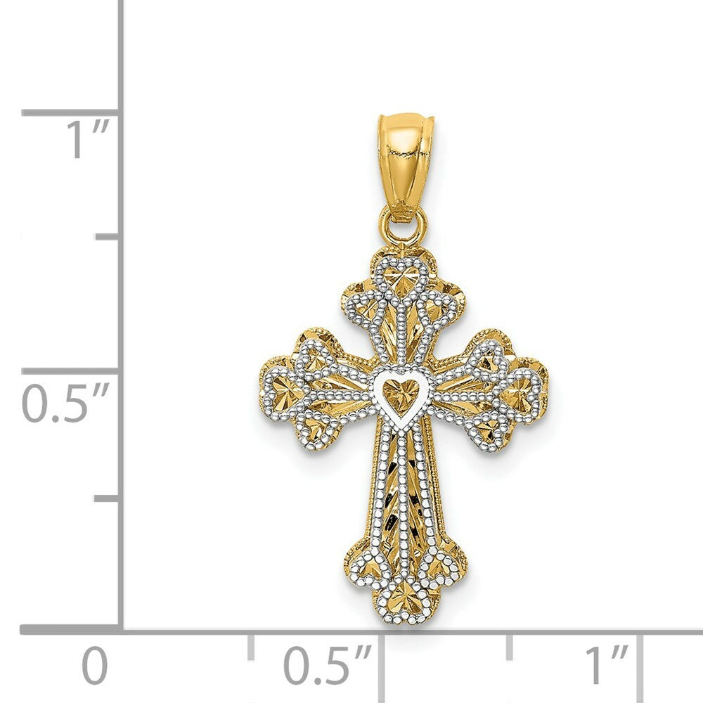 14K Two-tone Gold Polished Filigree 2 Level Heart Cross Pendant