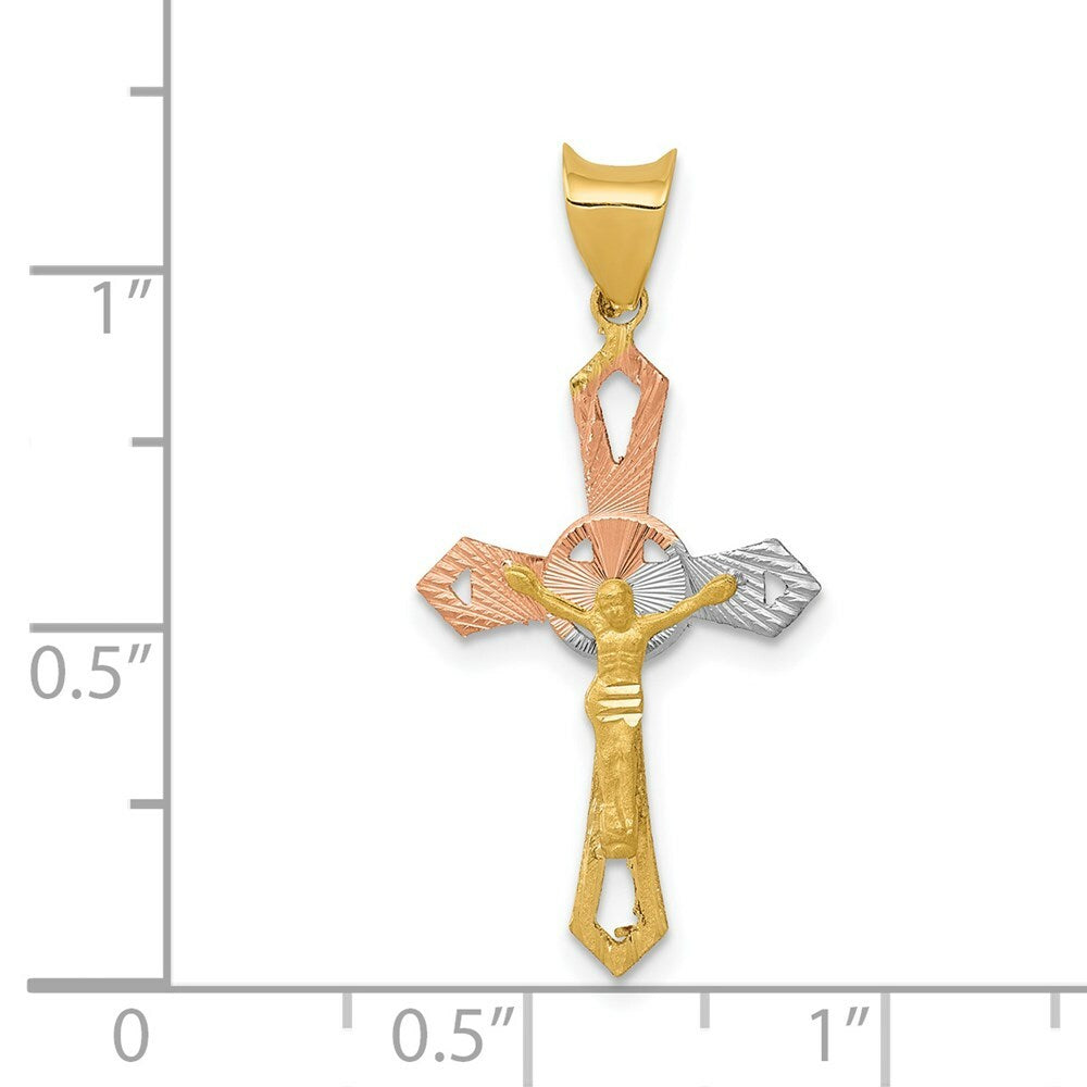 14K Yellow Gold and Rhodium Crucifix Cross Pendant