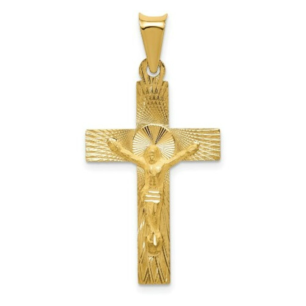 14K Yellow Gold Polished Satin and Diamond-cut Crucifix Pendant 35.5mm length