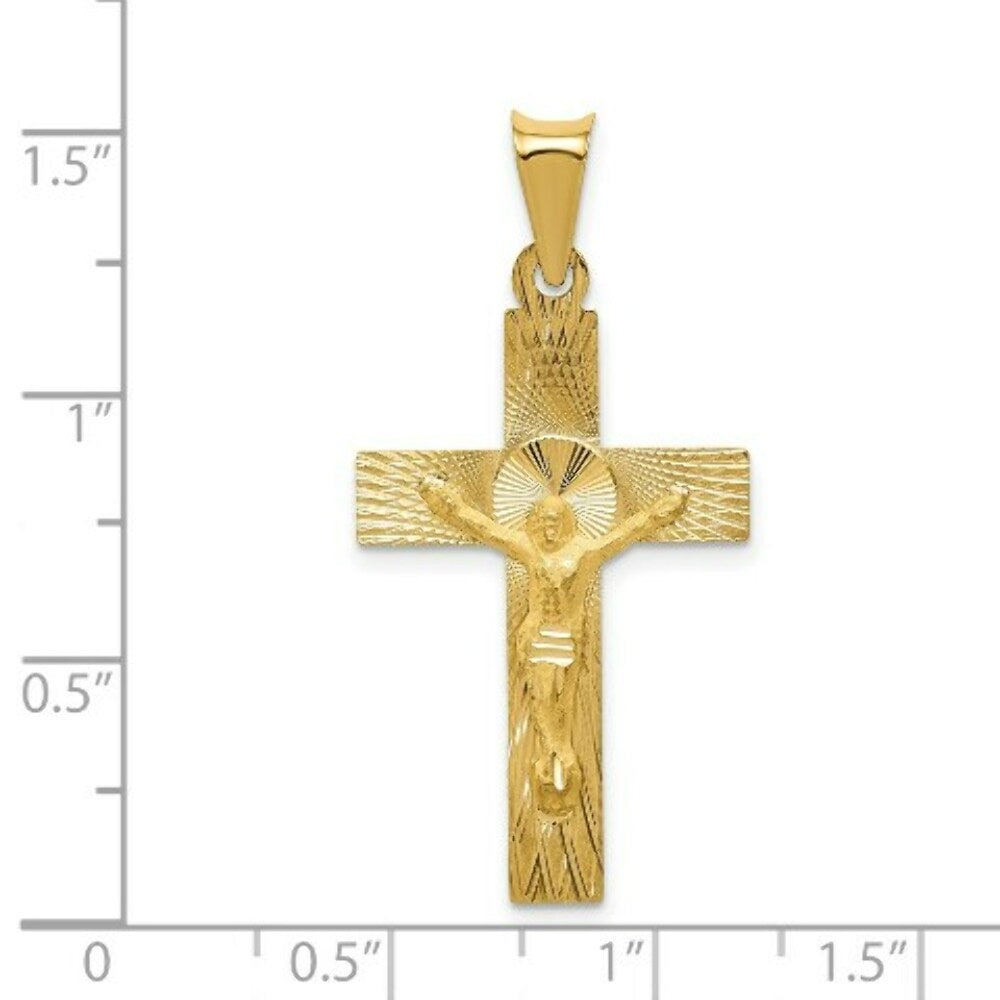 14K Yellow Gold Polished Satin and Diamond-cut Crucifix Pendant 35.5mm length