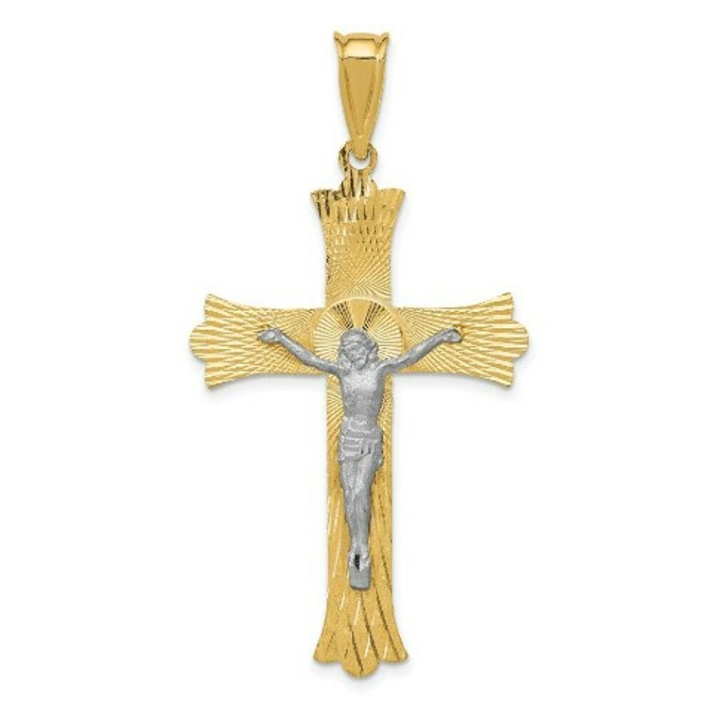 14K Two-tone Gold Polished Satin Diamond-cut Crucifix Cross Pendant
