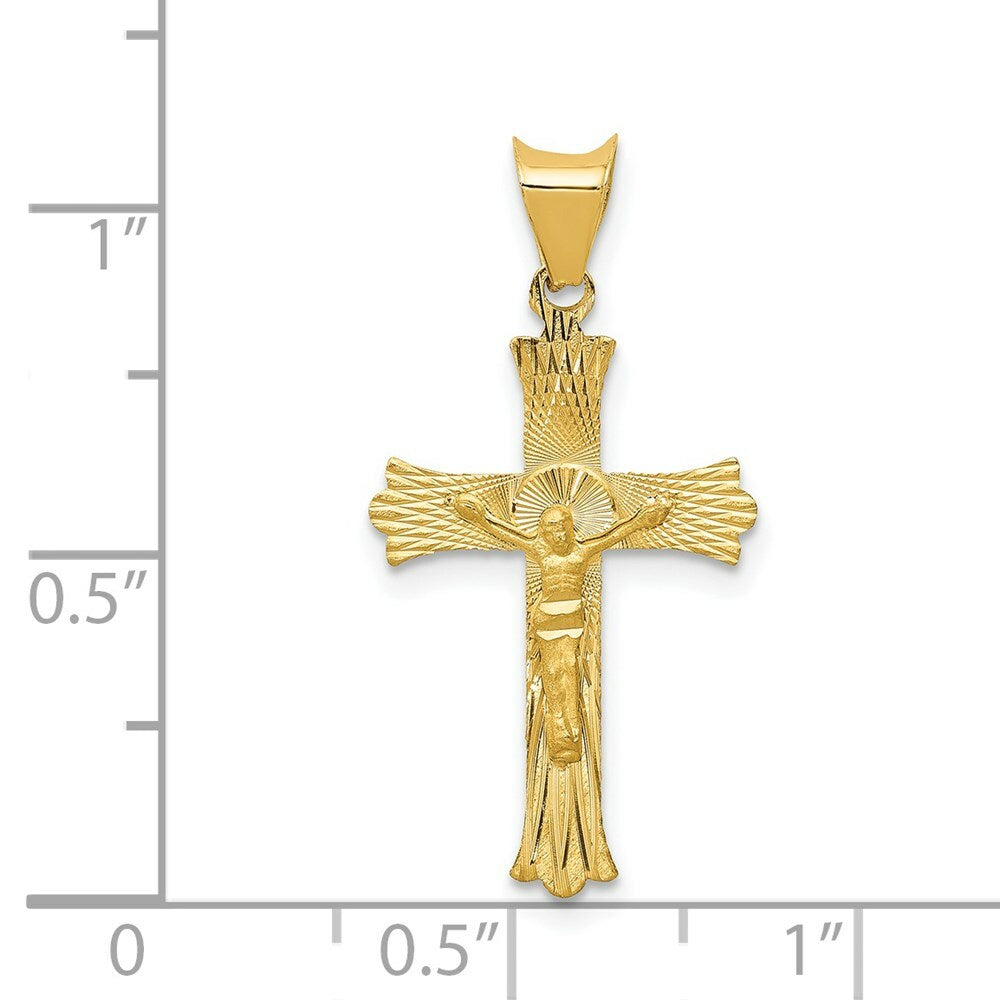 14K Yellow Gold Polished Satin and Diamond-cut Crucifix Pendant 27.5mm length
