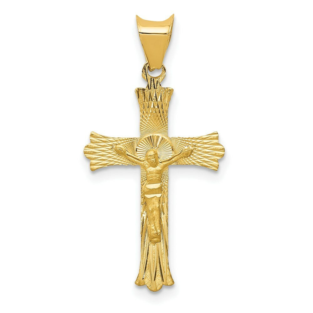 14K Yellow Gold Polished Satin and Diamond-cut Crucifix Pendant 27.5mm length