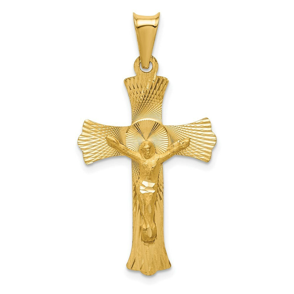 14K Yellow Gold Polished Satin and Diamond-cut Crucifix Pendant 37mm length