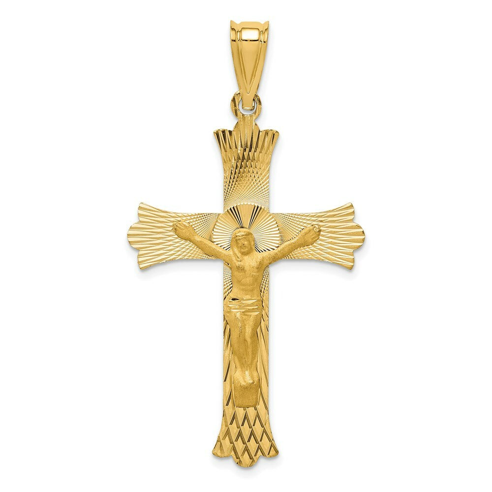 14K Yellow Gold Polished Satin and Diamond-cut Crucifix Pendant 49.5mm length