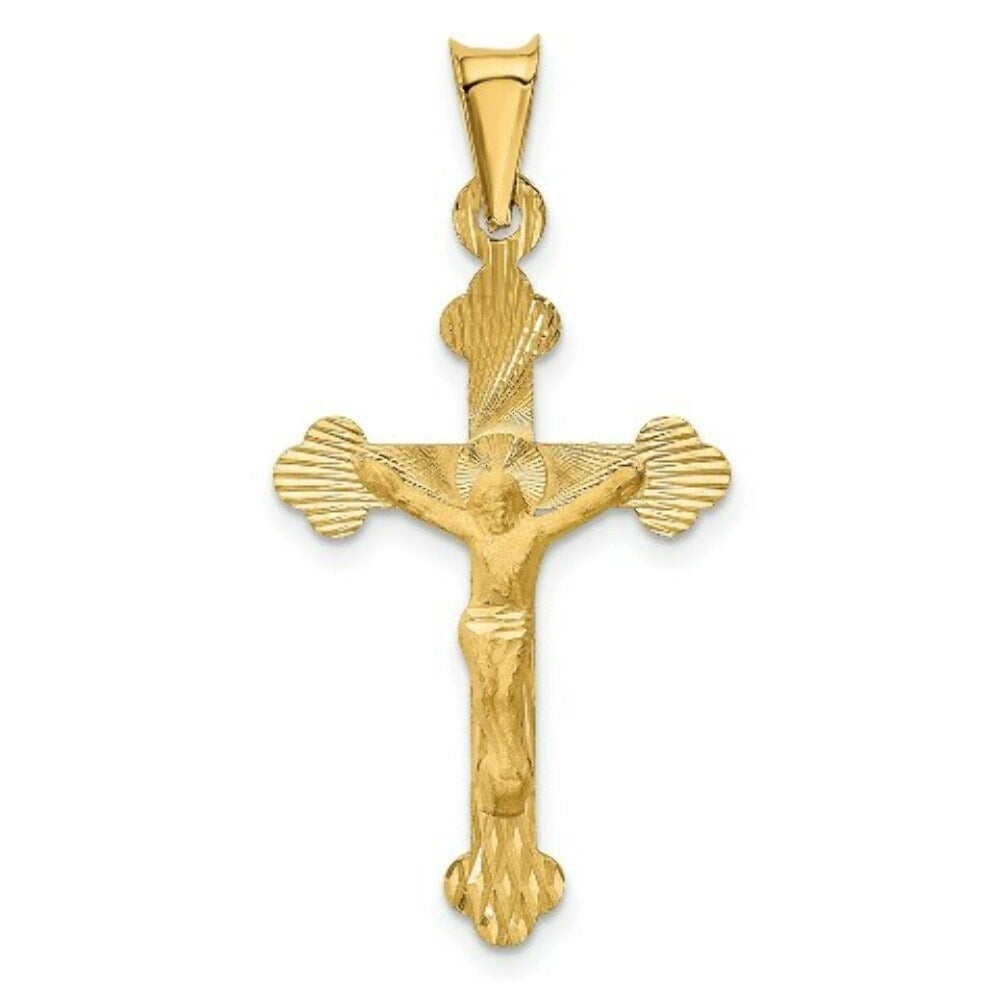 14K Yellow Gold Polished Satin and Diamond-cut Crucifix Pendant 37mm length