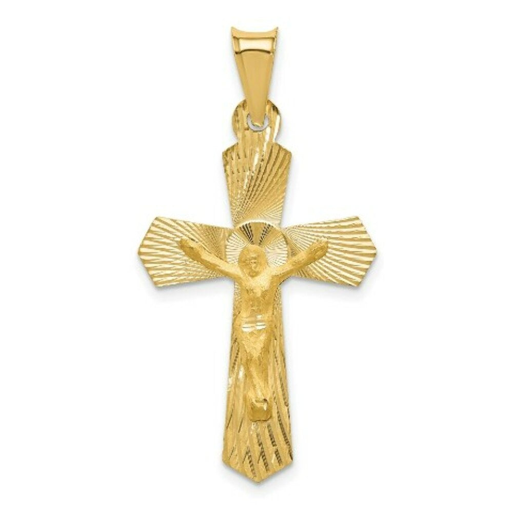 14K Yellow Gold Polished Satin and Diamond-cut Crucifix Pendant 37mm length