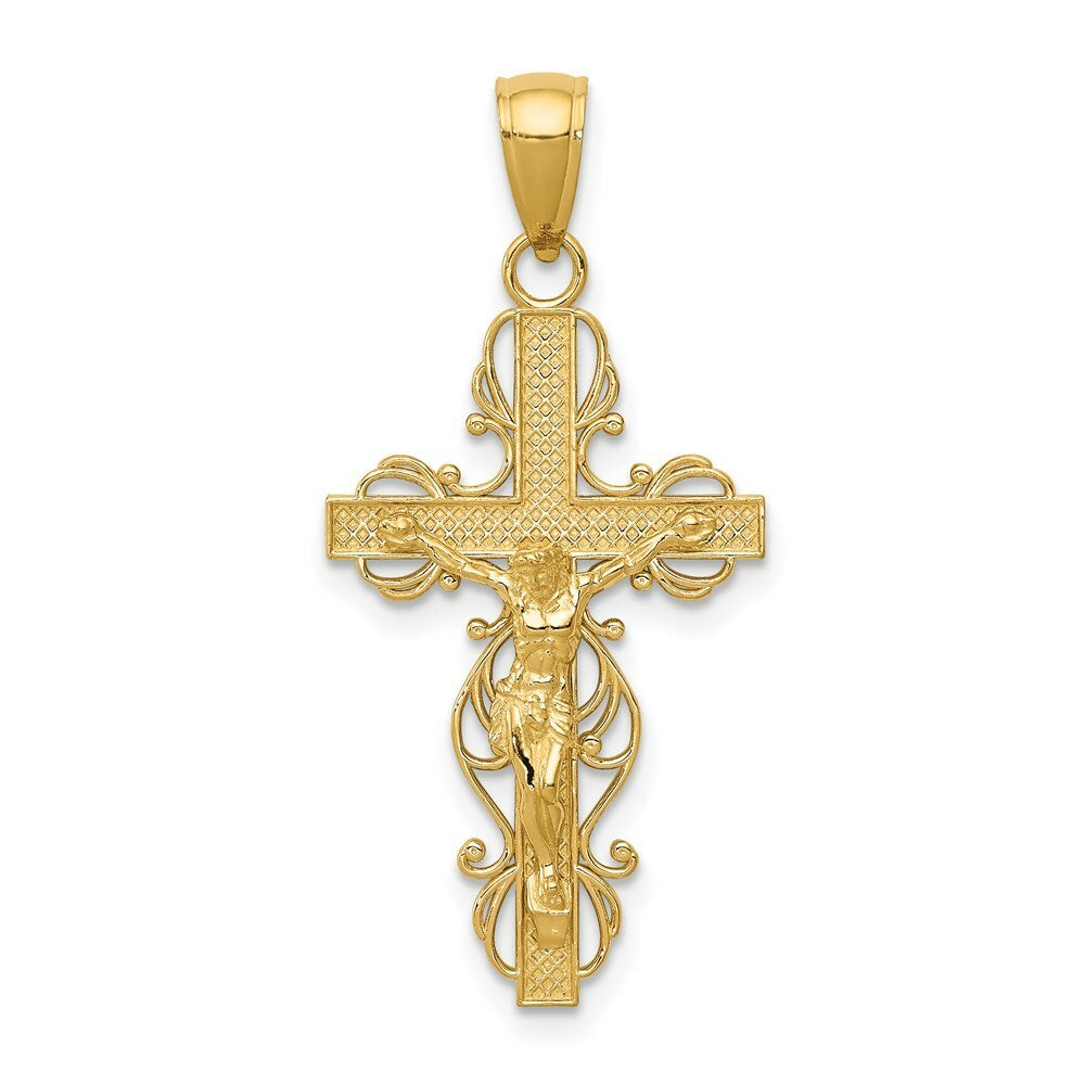 14K Yellow Gold Polished Crucifix w/Lace Trim Pendant