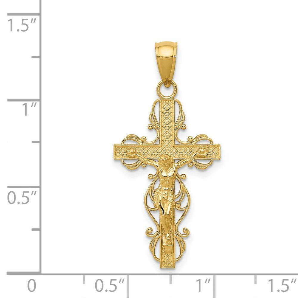 14K Yellow Gold Polished Crucifix w/Lace Trim Pendant