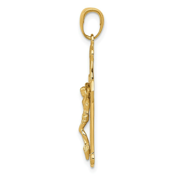 14K Yellow Gold Polished & Textured Crucifix w/Jesus on Engraved Cross Pendant