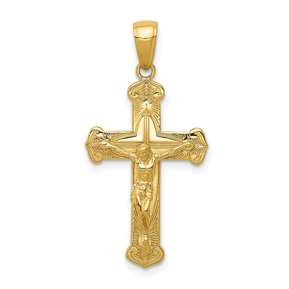 14K Yellow Gold Polished & Textured Crucifix w/Jesus on Engraved Cross Pendant