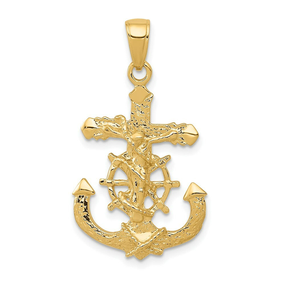 Mariners Crucifix Rope Wheel Pendant in 14K Yellow Gold Textured 2-D