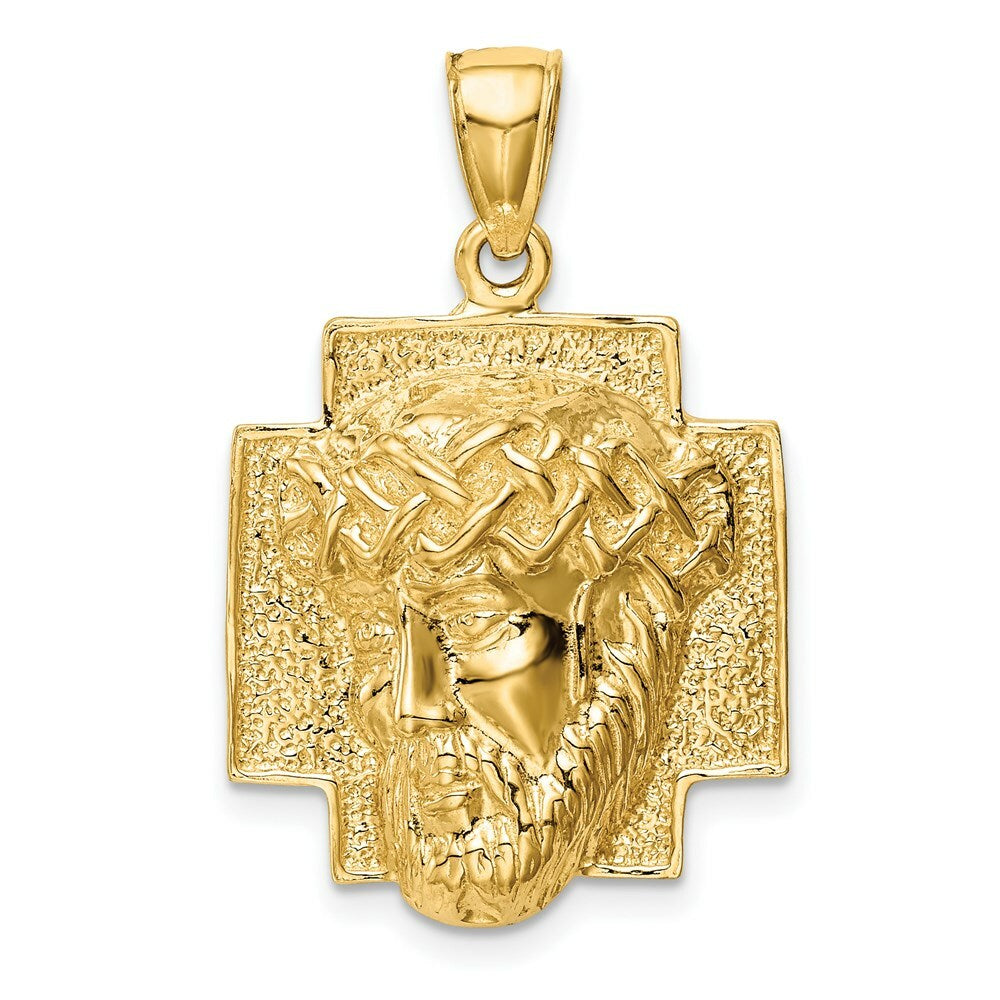 14K Yellow Gold Polished 2-D Large Jesus Head with Crown Pendant