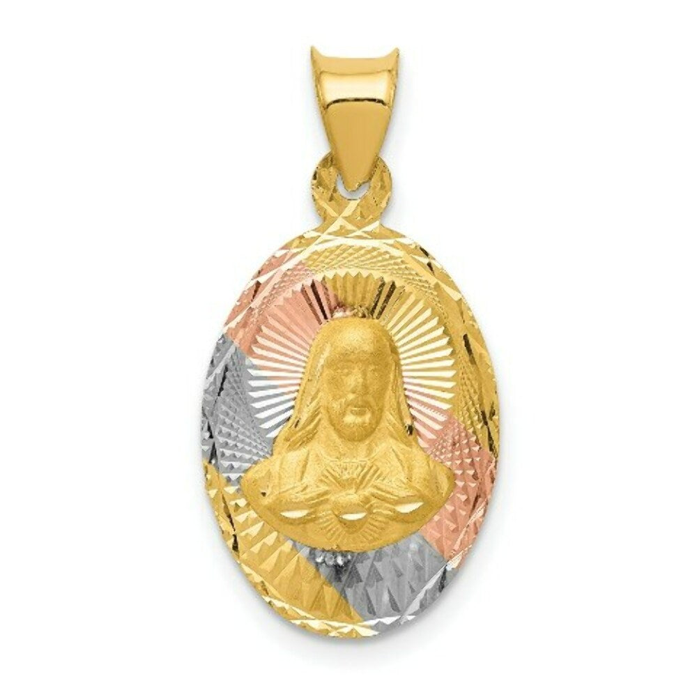 14K Yellow Gold & Rhodium Polished & Diamond-cut Sagrado Corazon Oval Pendant