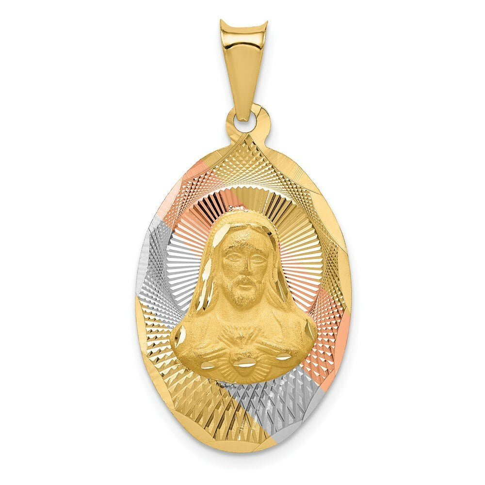 14K Yellow Gold & Rhodium Polished & Diamond-cut Sagrado Corazon Oval Pendant