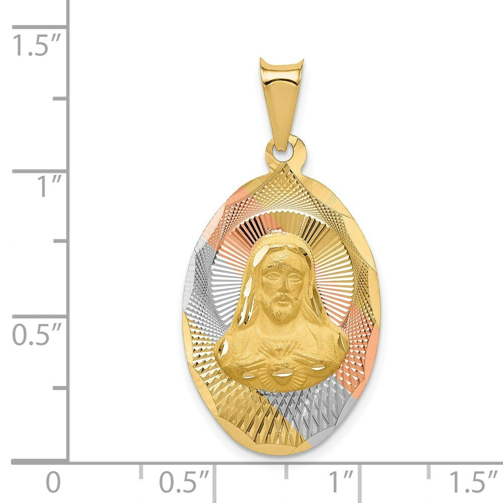 14K Yellow Gold & Rhodium Polished & Diamond-cut Sagrado Corazon Oval Pendant