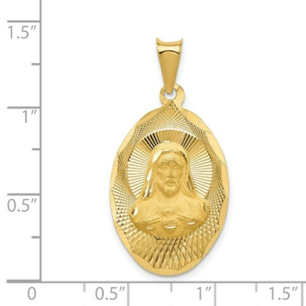 14K Yellow Gold Polished & Diamond-cut Sagrado Corazon Oval Pendant