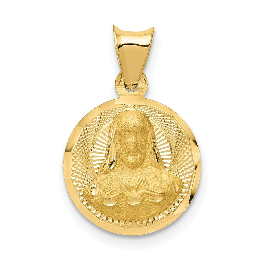 14K Yellow Gold Polished & Diamond-cut Sagrado Corazon Circle Pendant