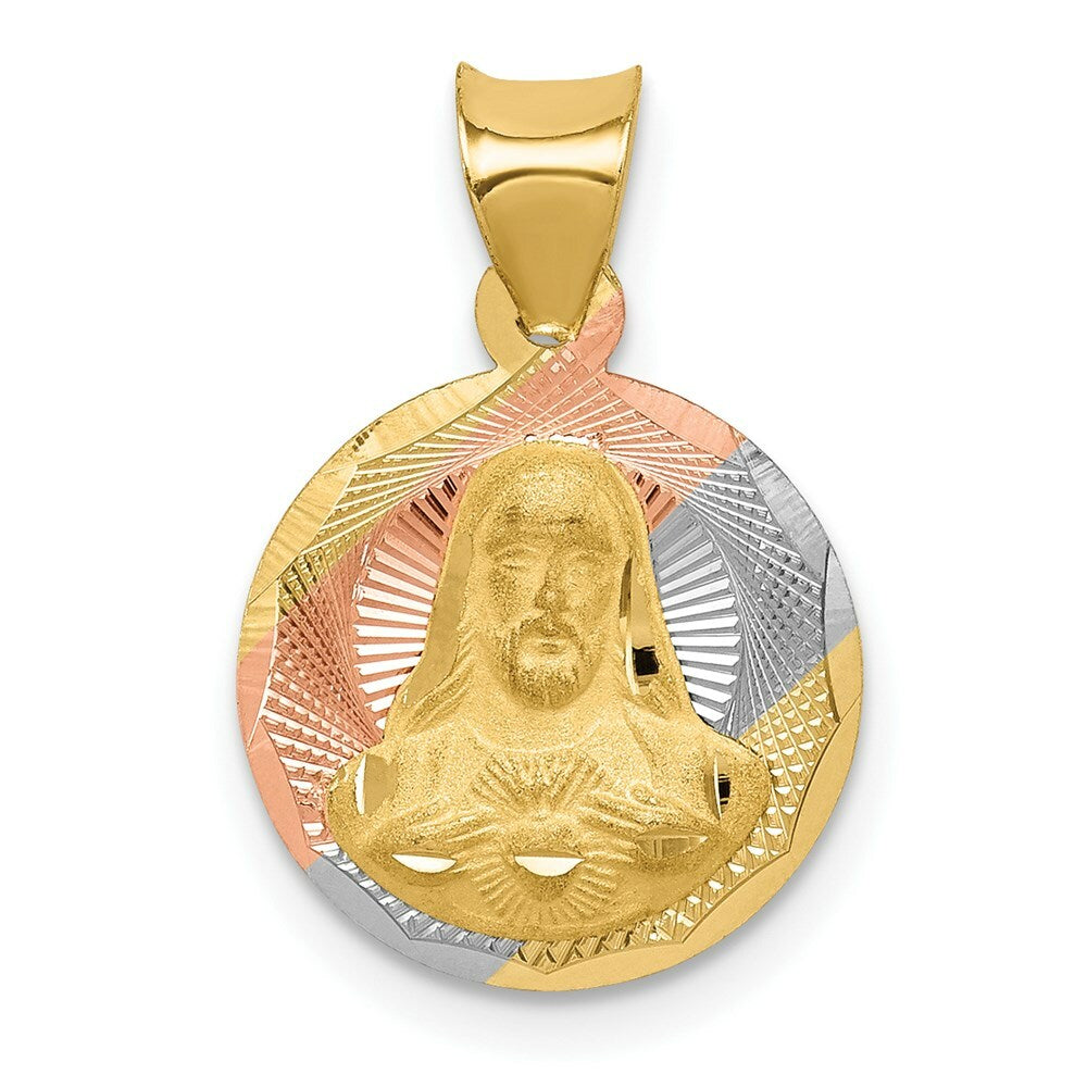 14K Yellow Gold & Rhodium Polished & Diamond-cut Sagrado Corazon Circle Pendant