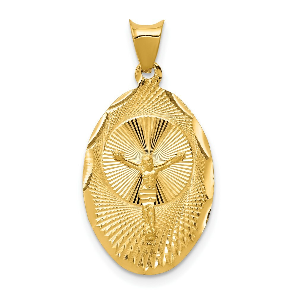 14K Yellow Gold Polished & Diamond-cut Corpus Oval Pendant 28mm length
