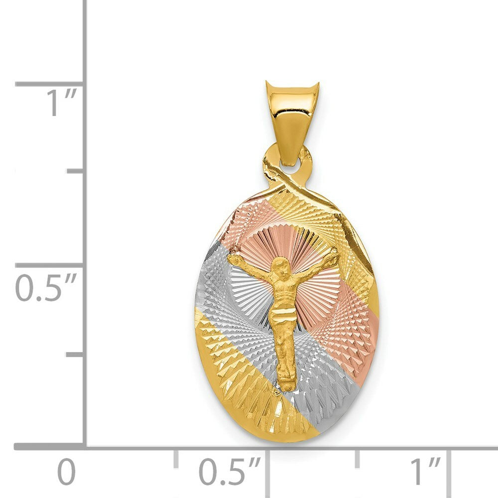14K Yellow Gold & Rhodium Polished & Diamond-cut Corpus Oval Pendant