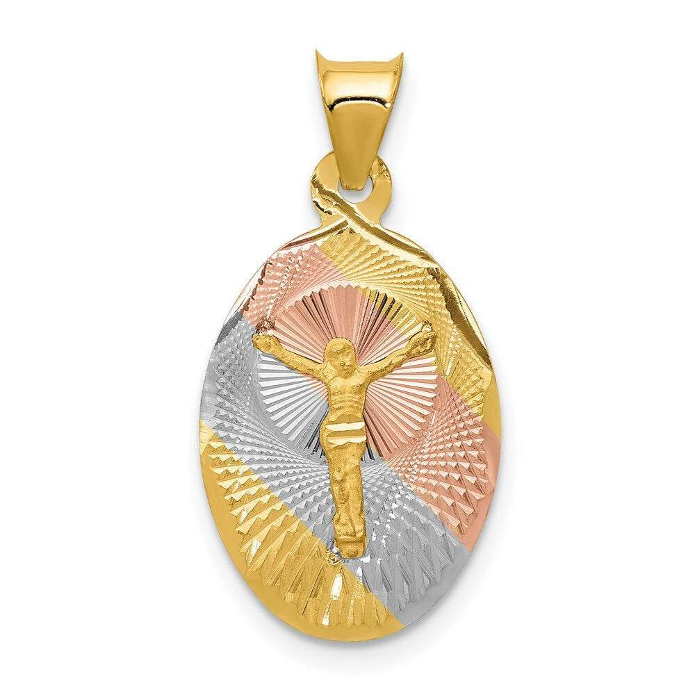 14K Yellow Gold & Rhodium Polished & Diamond-cut Corpus Oval Pendant