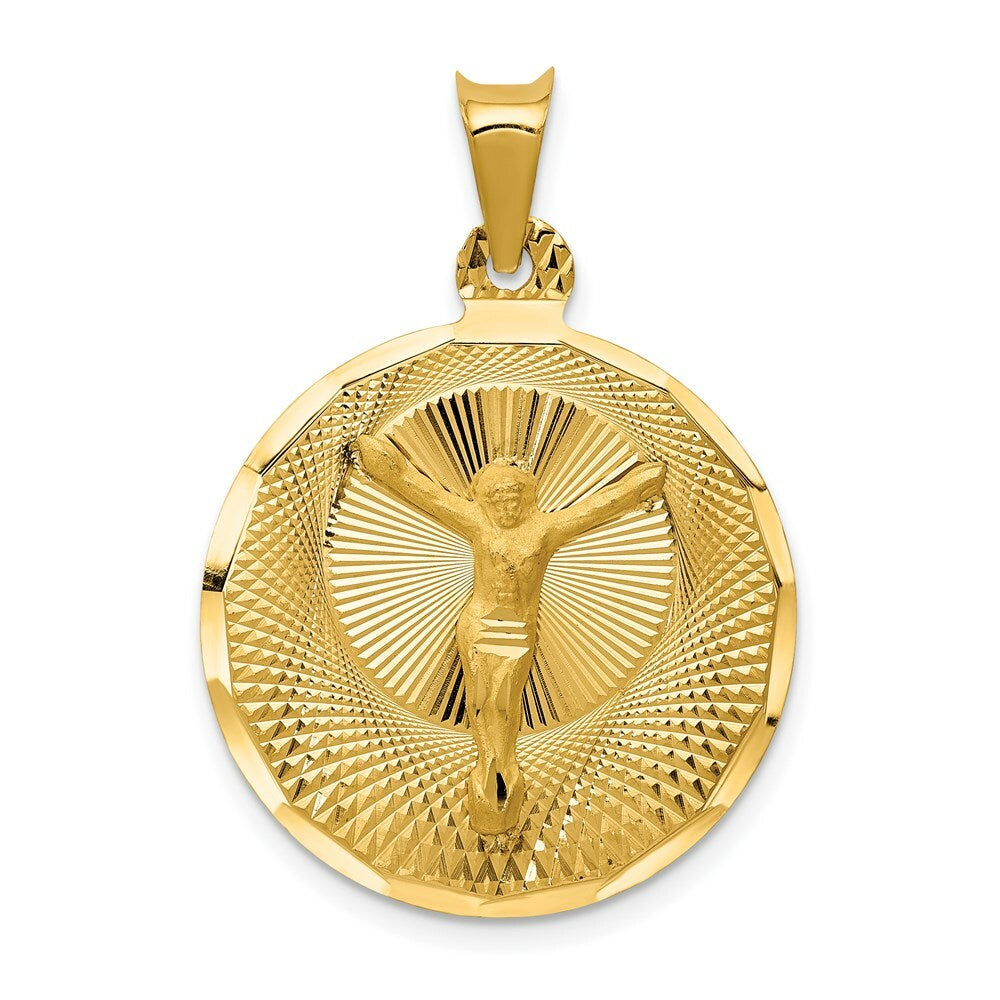 14K Yellow Gold Polished & Diamond-cut Corpus Circle Pendant 33mm length