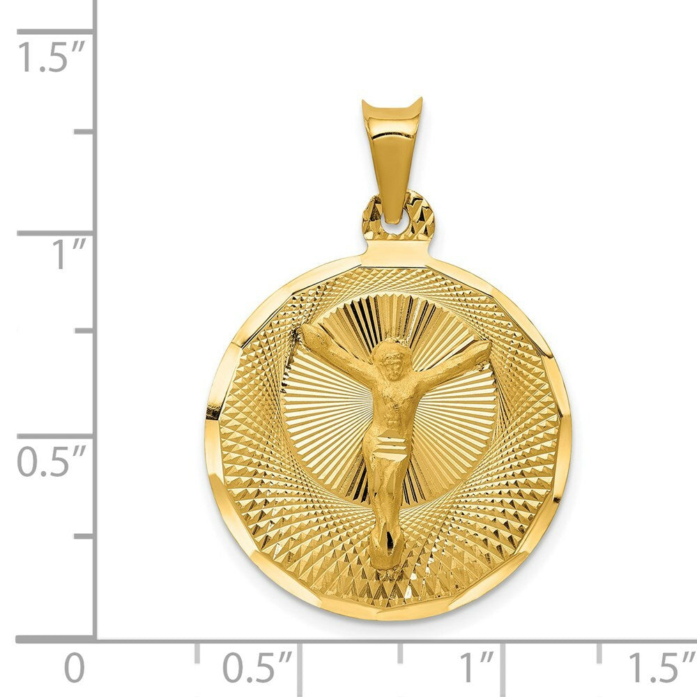 14K Yellow Gold Polished & Diamond-cut Corpus Circle Pendant 33mm length