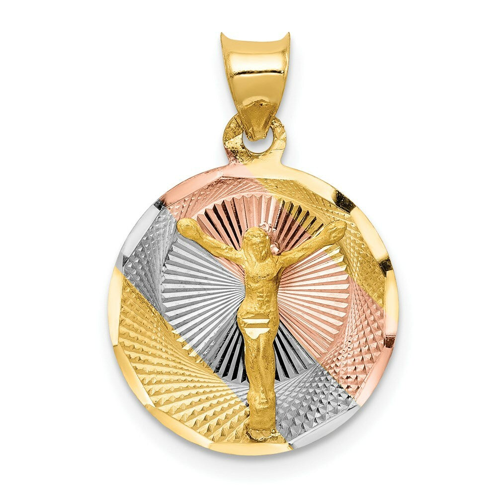 14K Yellow Gold & Rhodium Polished & Diamond-cut Corpus Circle Pendant