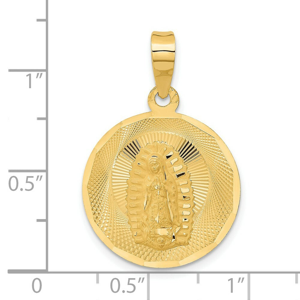 14K Yellow Gold Polished & Diamond-cut Lady of Guadalupe Circle Pendant