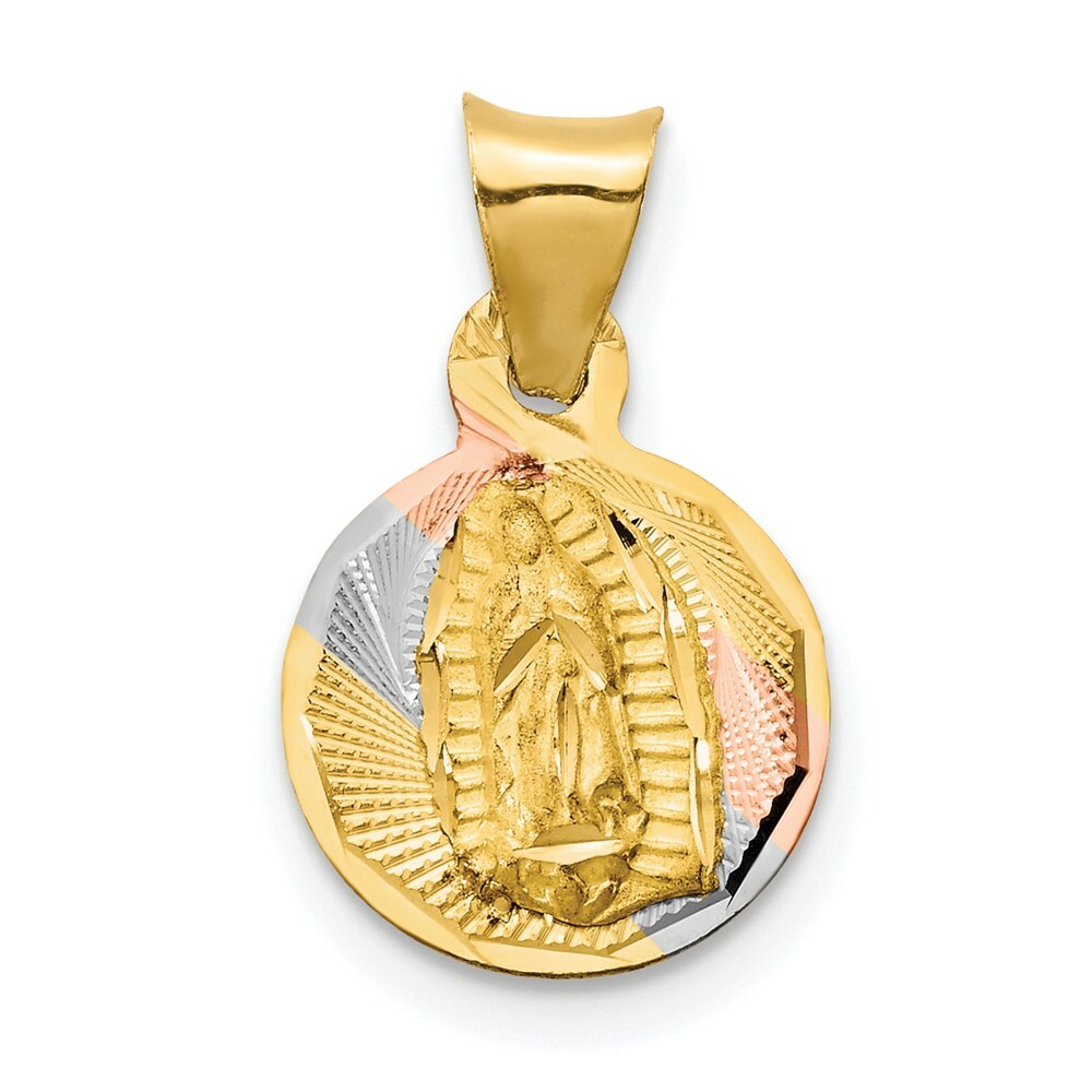 14K Yellow Gold & Rhodium Polished & Diamond-cut Lady of Guadalupe Circle Pendant