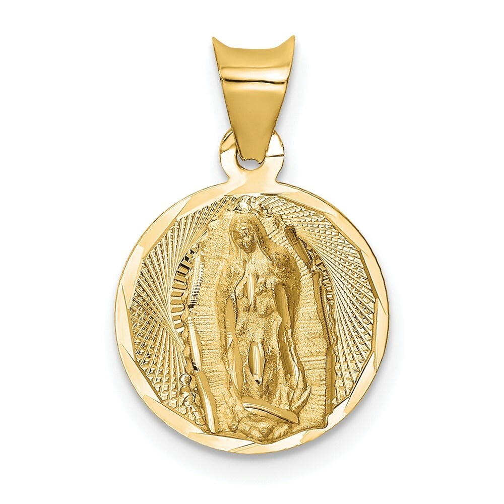 14K Yellow Gold Polished & Diamond-cut Lady of Guadalupe Circle Pendant
