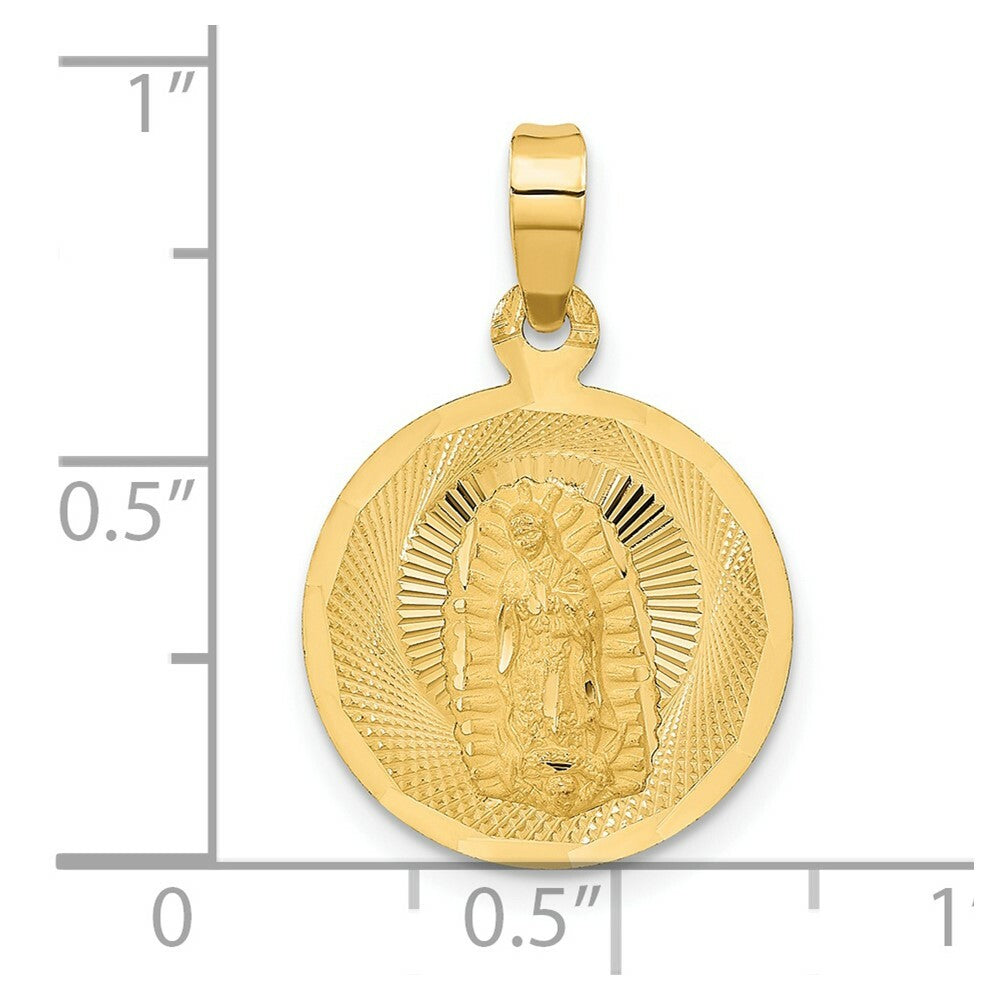 14K Yellow Gold Polished & Diamond-cut Lady of Guadalupe Circle Pendant