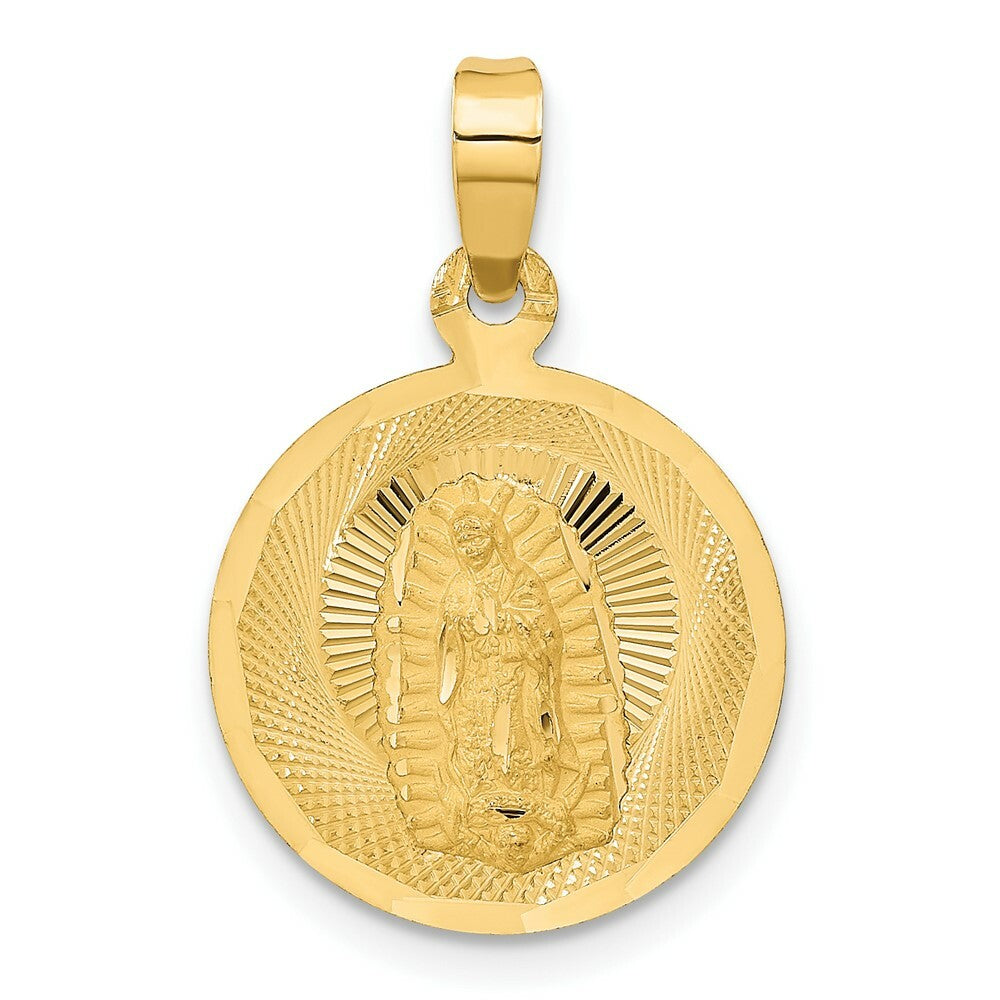 14K Yellow Gold Polished & Diamond-cut Lady of Guadalupe Circle Pendant