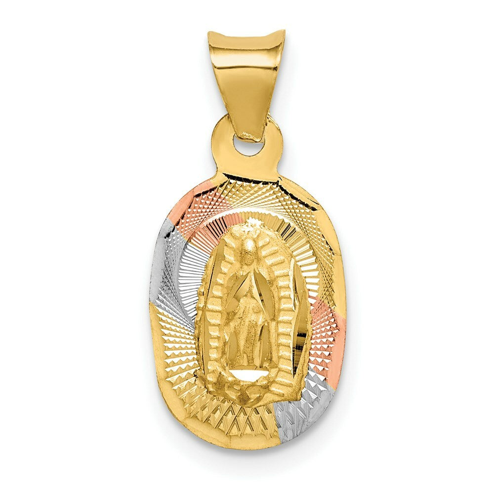 14K Yellow Gold & Rhodium Polished & Diamond-cut Lady of Guadalupe Oval Pendant
