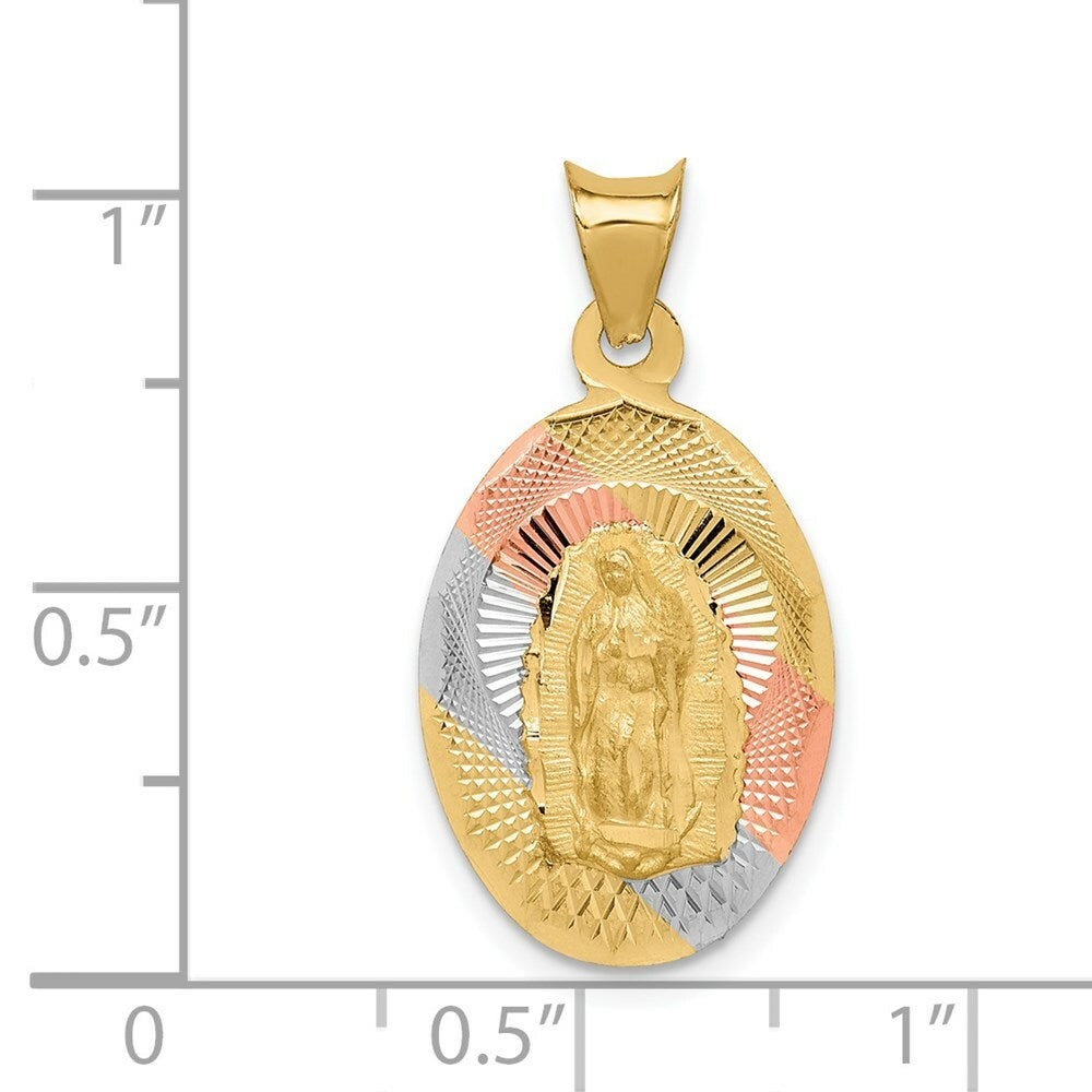 14K Yellow Gold & Rhodium Polished & Diamond-cut Lady of Guadalupe Oval Pendant