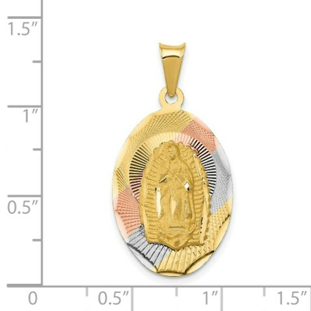 14K Yellow Gold & Rhodium Polished & Diamond-cut Lady of Guadalupe Oval Pendant