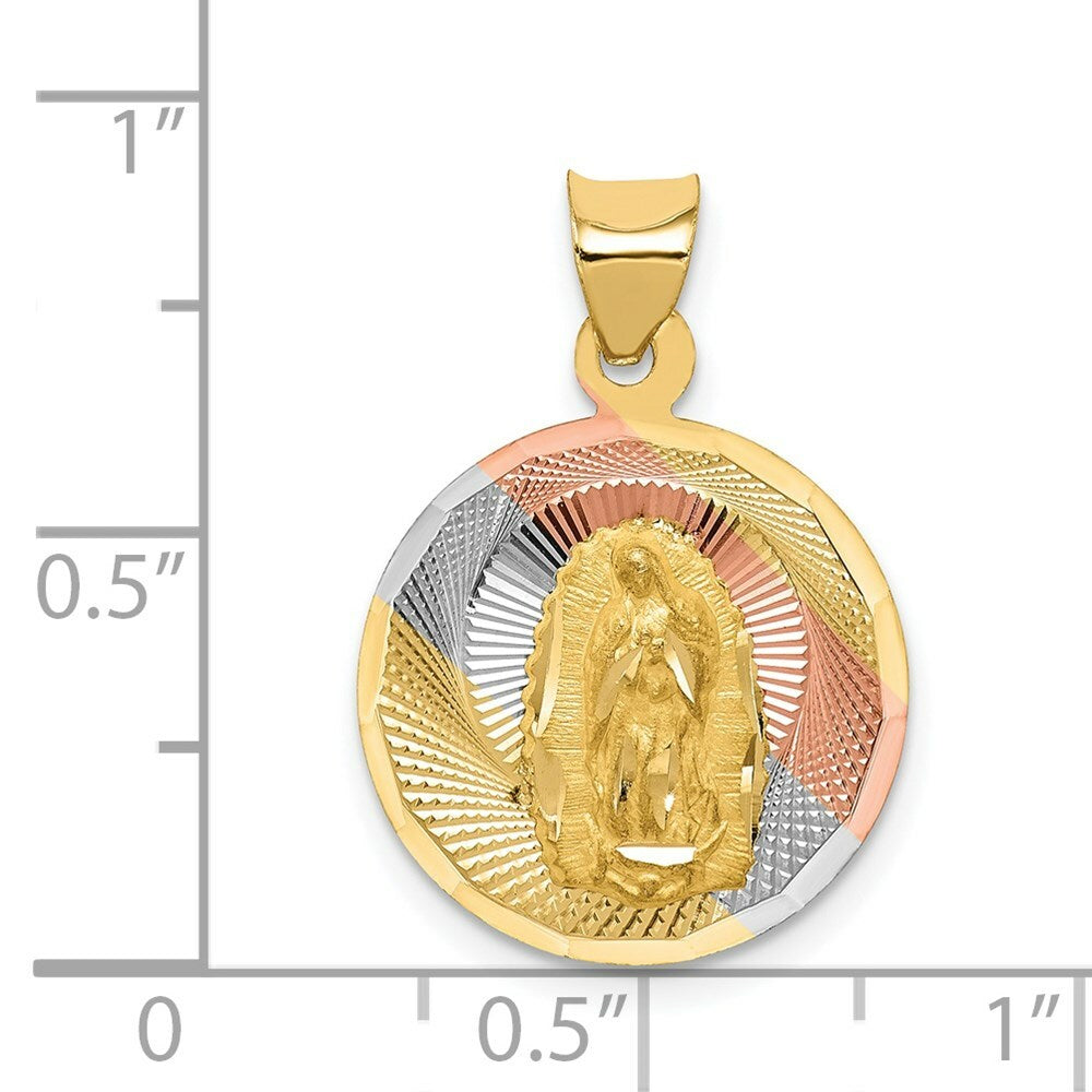 14K Yellow Gold & Rhodium Polished & Diamond-cut Lady of Guadalupe Circle Pendant